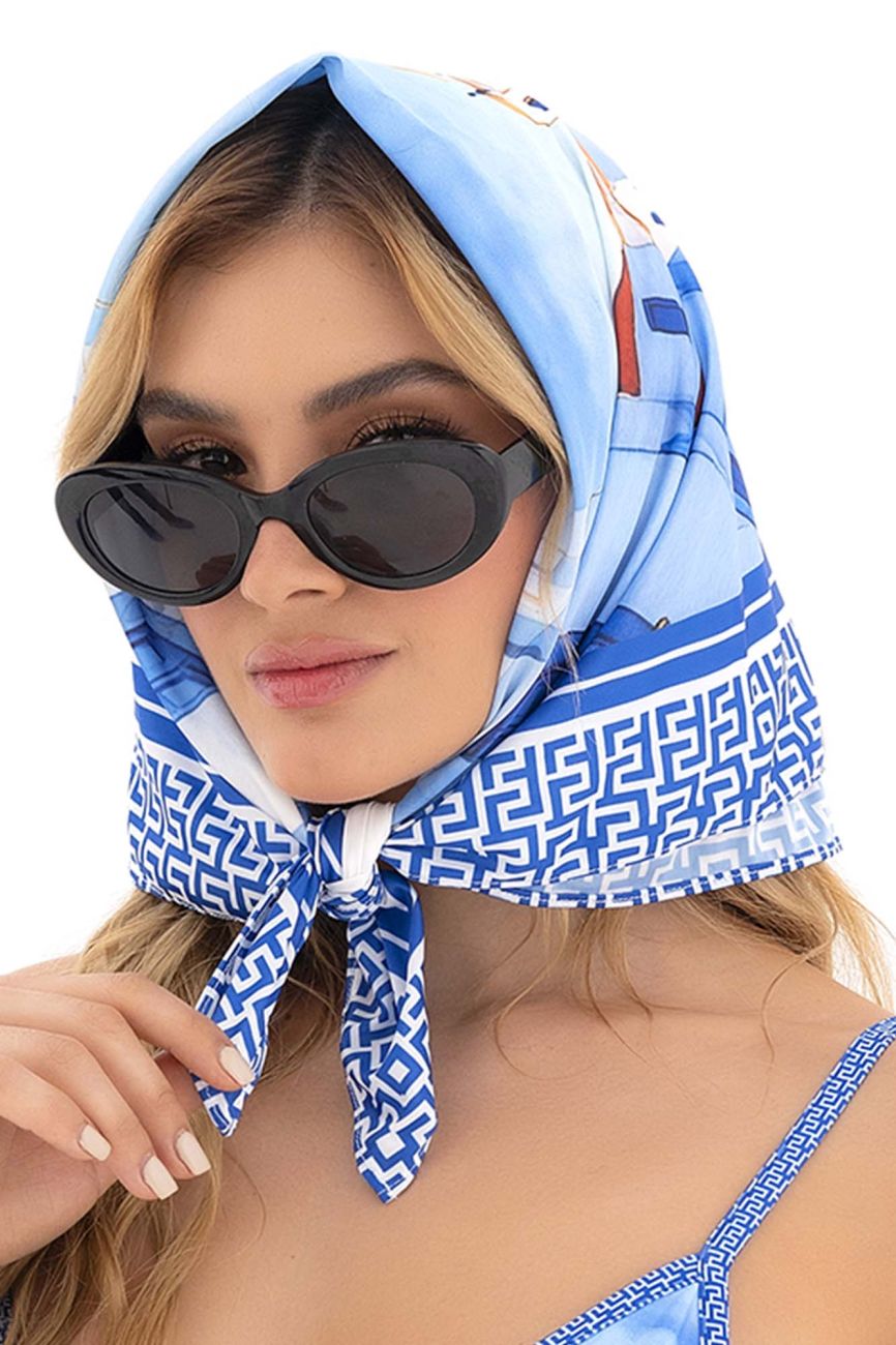Mapale 47018 all ways scarf in santorini blue features a light blue and white geometric patterned headscarf accessory