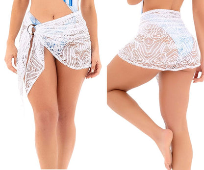 White lace wrap skirt with circular metal ring at waistband mapale 47019 cover up skirt in white color