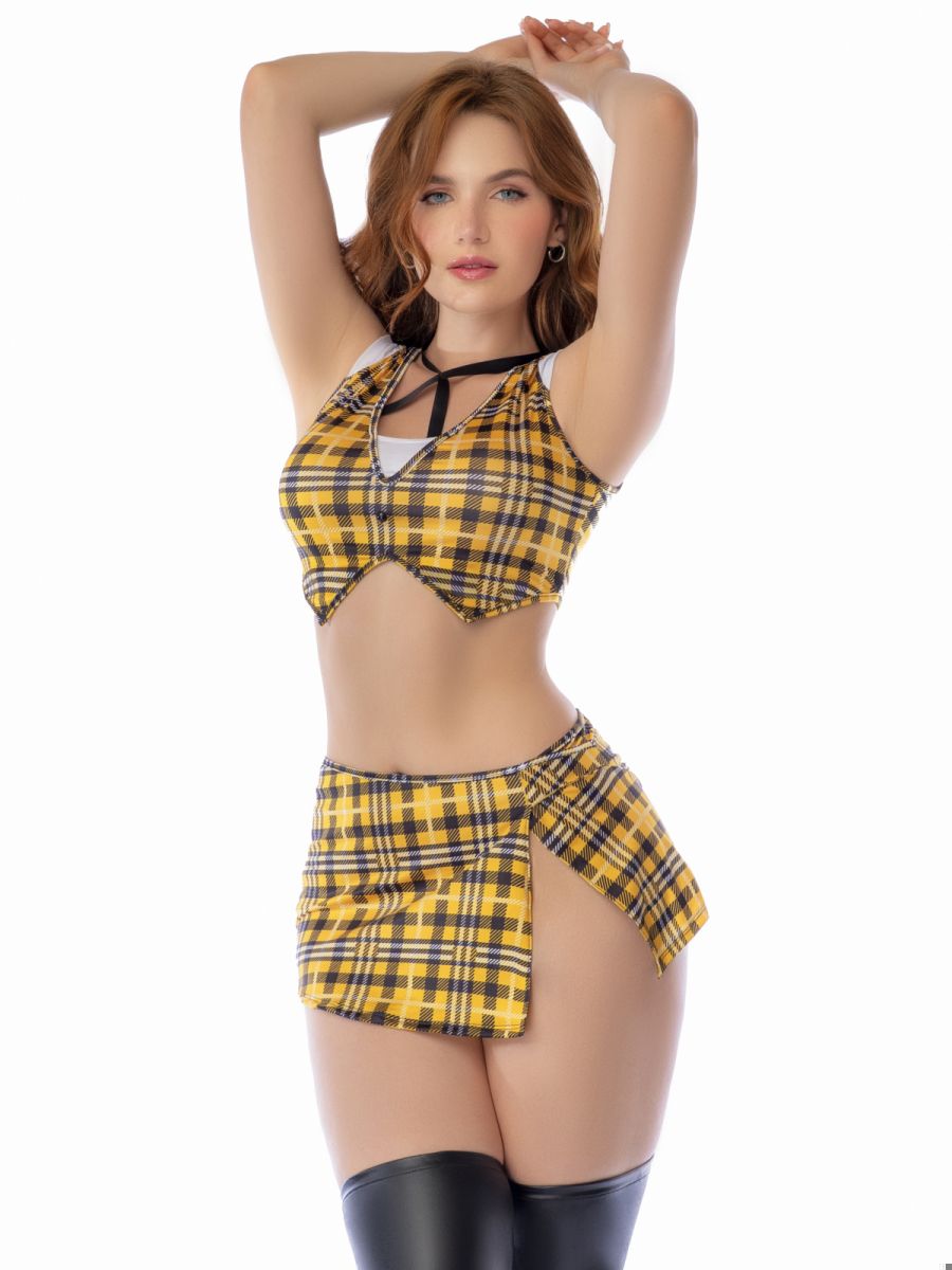 Yellow and black plaid two-piece school girl costume set by mapale with top and skirt in polyester blend material