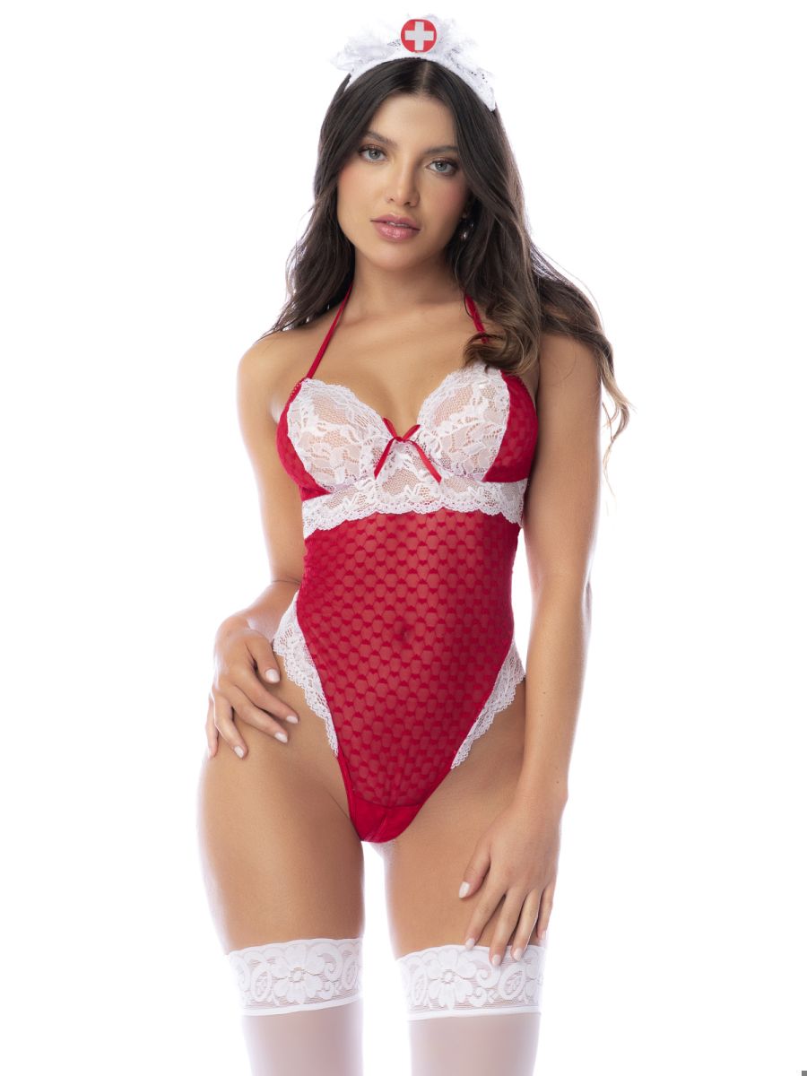 Red and white lace nurse-themed bodysuit with mesh panels by mapale for costume use