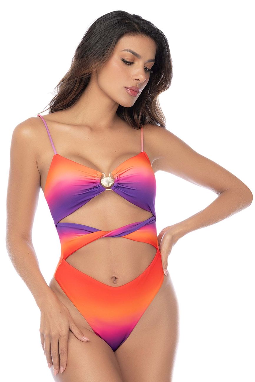 Mapale 67176 one piece swimsuit in rose dusk with vibrant orange to purple gradient thin straps and central shell accent
