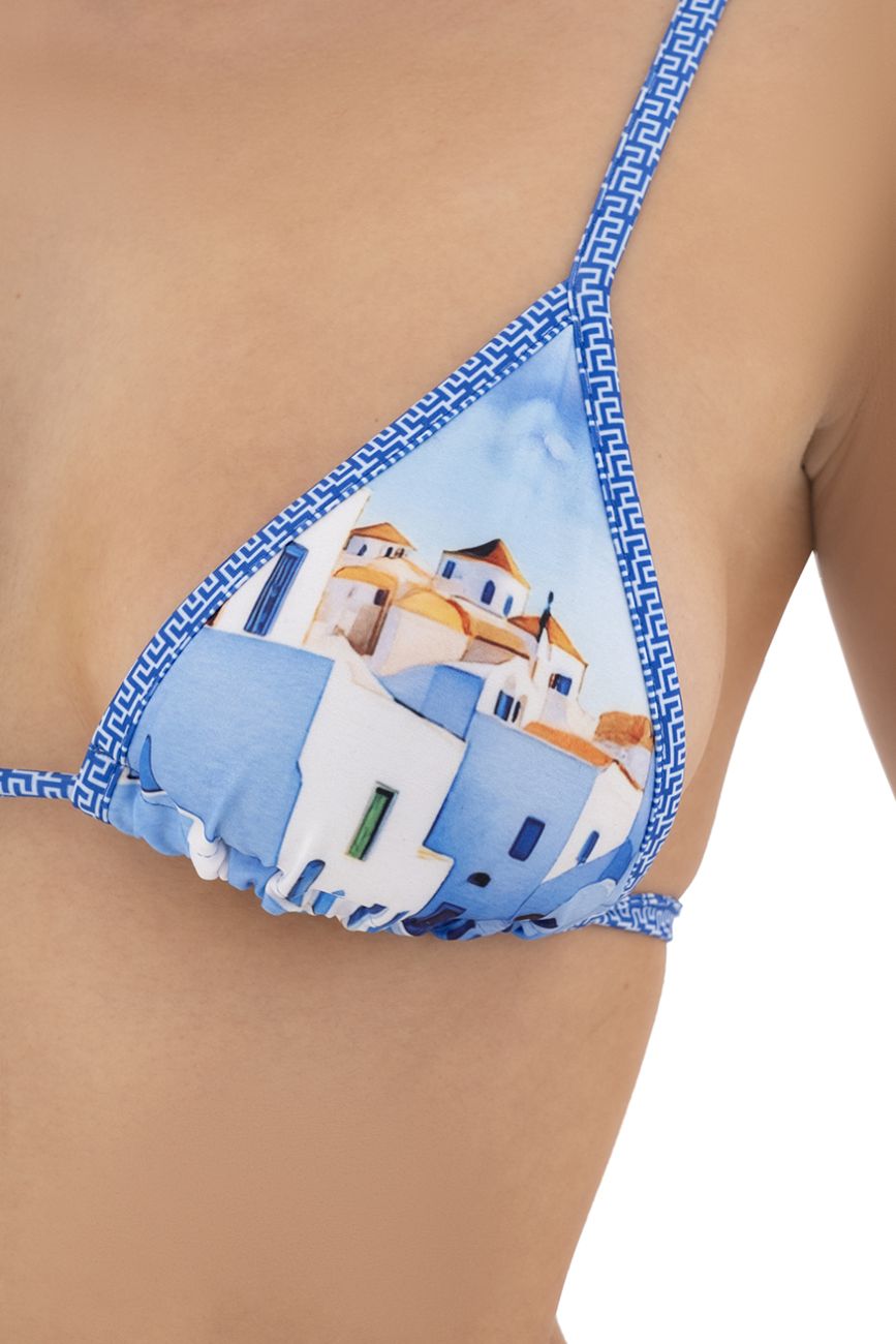 Mapale 67177 two piece swimsuit top in santorini blue with blue and white greek island village triangle print