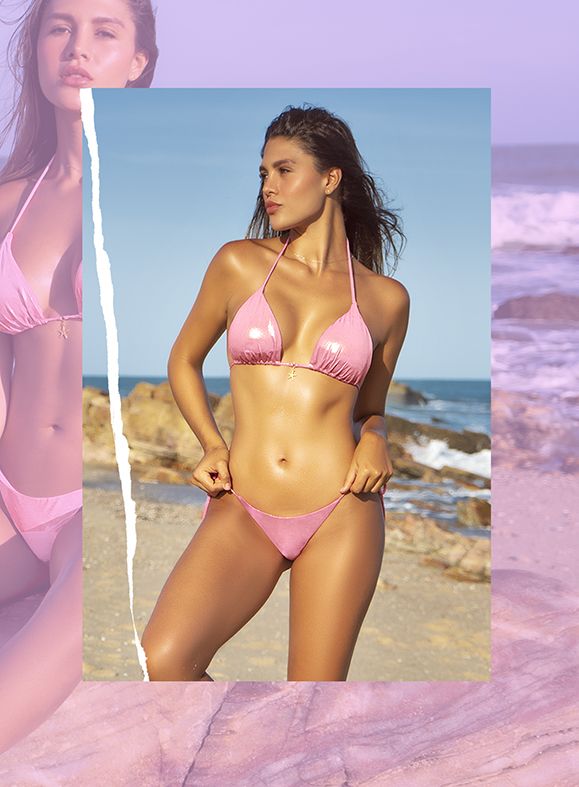 Pink shiny triangle bikini set by mapale 67183 in liquid material perfect for beachwear