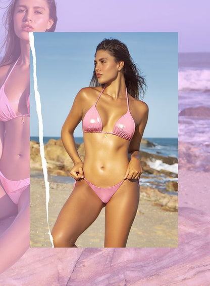 Pink shiny triangle bikini set by mapale 67183 in liquid material perfect for beachwear