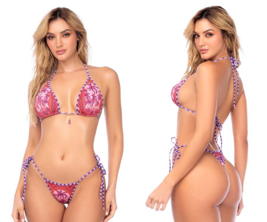 Pink and purple tropical print bikini set with matching tie-side strings from mapale 67191 two piece swimsuit desert mirage