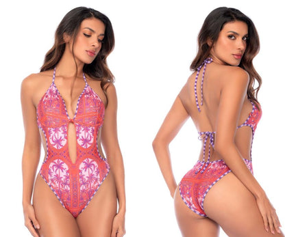 Mapale 67193 one piece swimsuit in desert mirage features vibrant coral and purple colors with tropical palm tree pattern and cut-outs