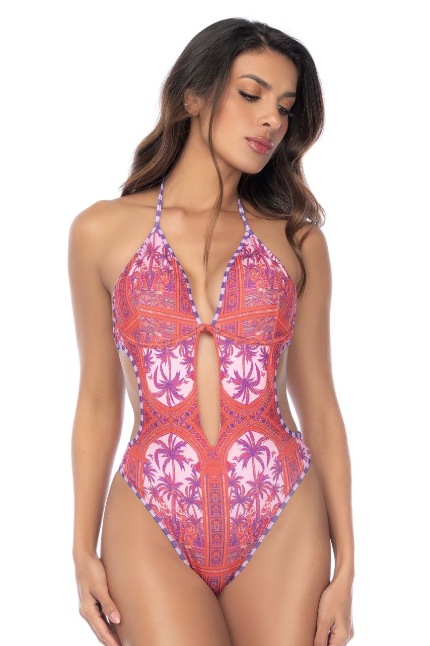 Mapale 67193 one piece swimsuit in desert mirage with coral purple palm pattern halter neckline and keyhole bust cutout