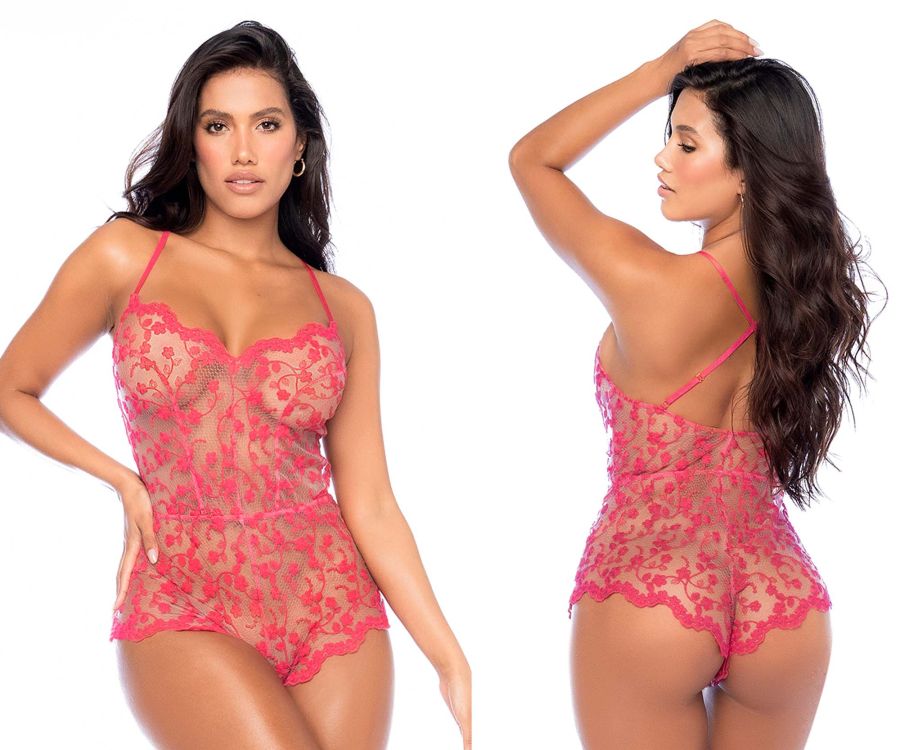 A vibrant pink lace bodysuit with delicate floral patterns and thin spaghetti straps from mapale 7543 romper-babydoll cherry