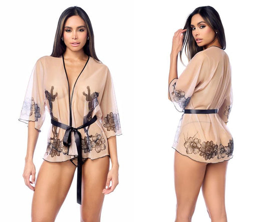 Beige sheer mapale 7615 robe with black cactus and floral embroidery tied at waist with matching belt and panty