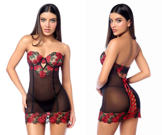 Black sheer lingerie dress with red rose lace detailing and corset-style back by Mapale 7619 robe with matching panty
