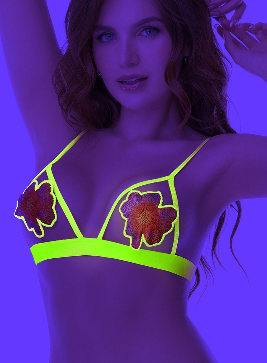 Neon yellow lace bra with embroidered floral patches from mapale 80003 two piece set color solar blossom