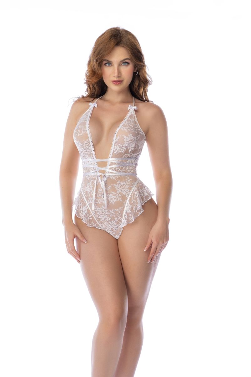 White lace Mapale 80018 bodysuit with plunging neckline halter straps and fitted waist satin ribbon ties
