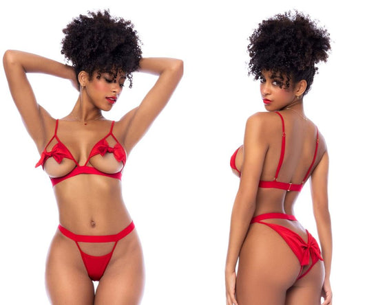 Red satin lingerie two piece set with bow details by mapale in red showcasing elegant intimate wear