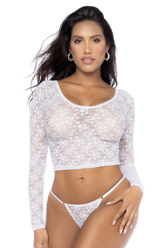 White lace long-sleeved crop top with sheer floral pattern and fitted design from mapale 8918 two piece set