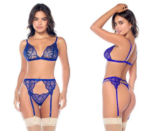 Mapale 8944 sapphire blue three piece lingerie set with blue lace suspenders and cream lace trim