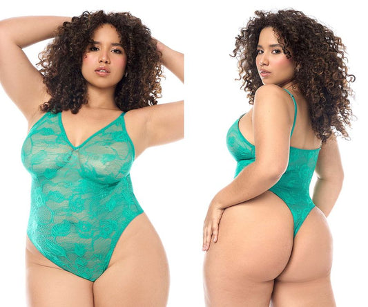 Emerald green lace bodysuit with delicate floral patterns and thin spaghetti straps by mapale 8950x wild teal