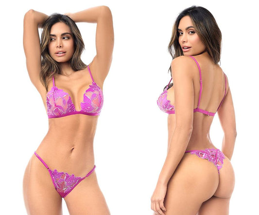 Fuchsia lace lingerie set with floral embroidery and thin straps from mapale 8952 two piece set color azalea