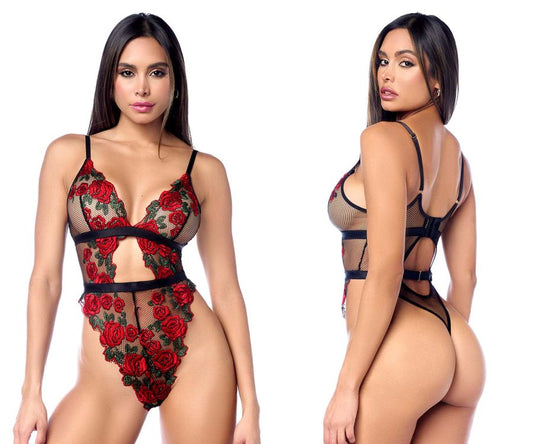 Mapale 8961 teddy black and red red rose lace bodysuit with black mesh and straps front view