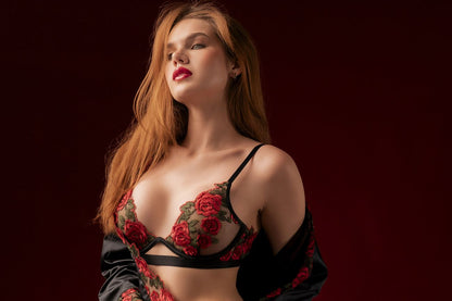 Mapale 8962 two piece set red floral lace bra with black mesh and satin straps in black and red colors