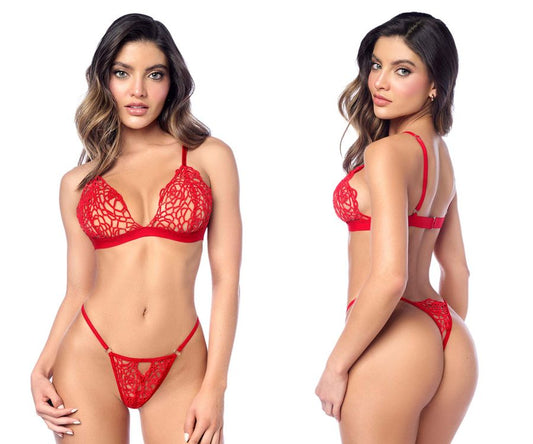 Red lace lingerie set with intricate floral patterns and thin straps by mapale in vibrant red color