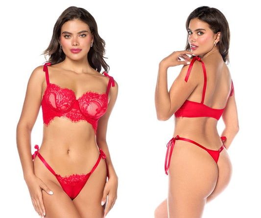 Red lace bra and matching thong set with satin ties in red by mapale 8968 featuring delicate lace and adjustable satin straps
