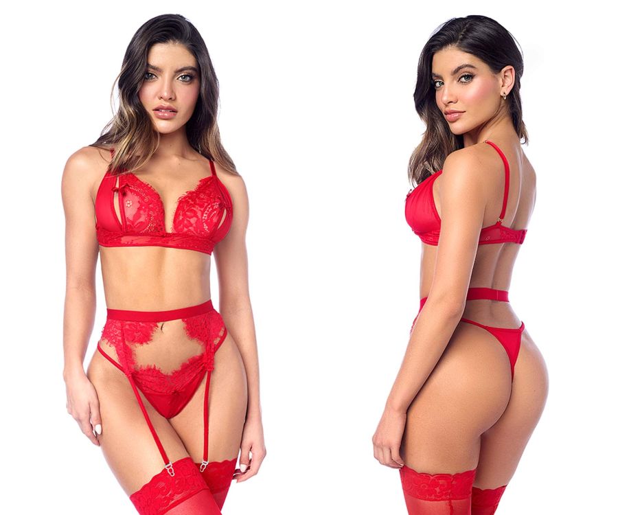 Red lace lingerie three piece set with intricate floral patterns and matching garter straps by mapale in red