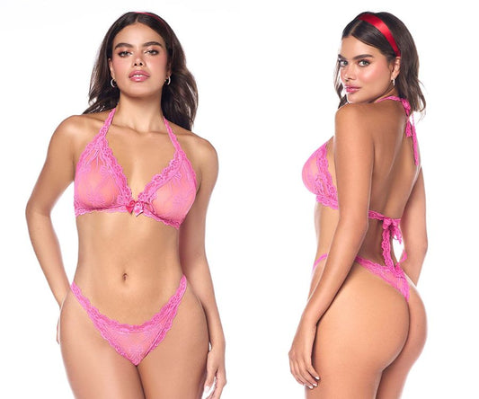 Mapale 8971 two piece set pink fuchsia lace lingerie with halter top and matching thong front view