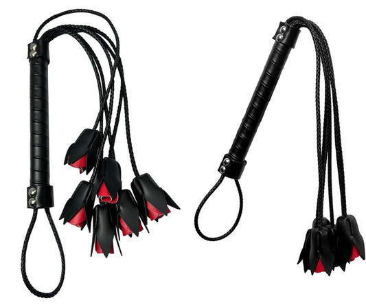 Mapale 997 rose whip black leather flogger with rose-shaped design red inner lining and braided black cord