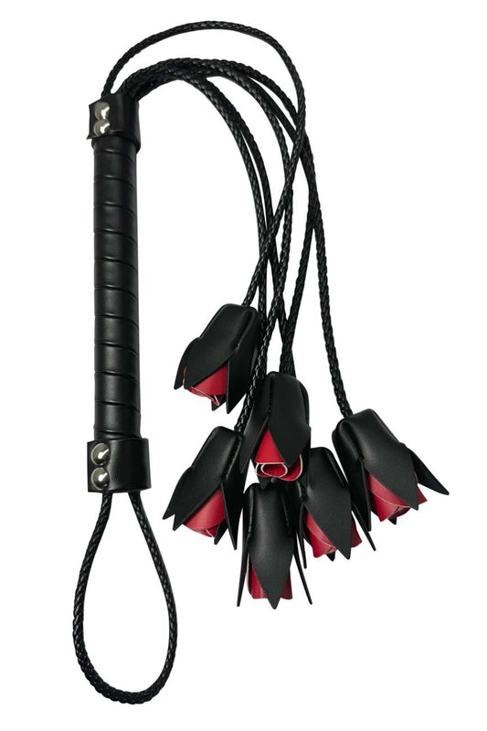 Mapale 997 rose whip black leather flogger with red inner lining and braided cord for rose-themed use