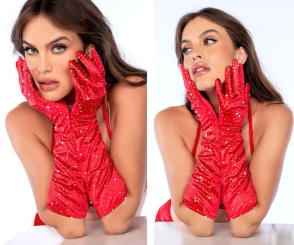 Mapale 135 Satin Rhinestone Opera Gloves Color Red-Rhinestone