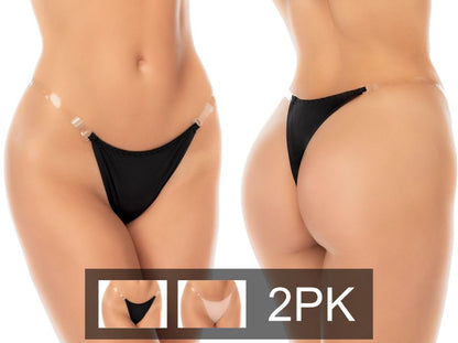 Mapale 137 black and nude 2-pack thongs with clear plastic straps, front and back view.