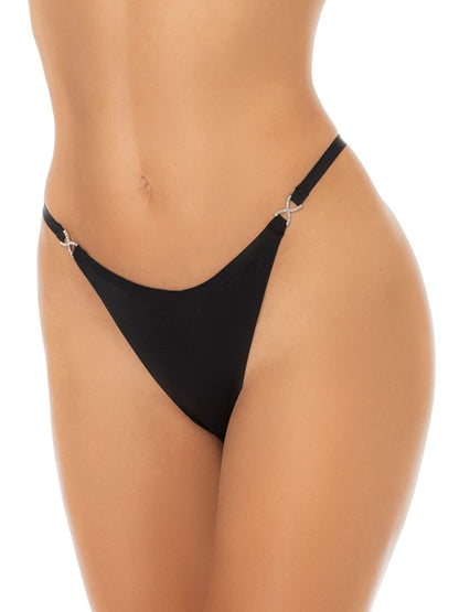 Mapale black thong with thin side straps and rhinestone X-ring hardware details.