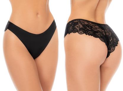 Mapale 142 black no show thong with solid front and sheer floral lace back.