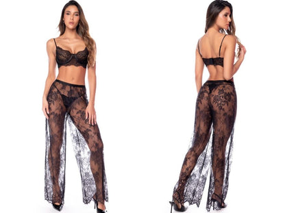 Mapale three-piece black floral lace lingerie set with a bra, thong, and sheer wide-leg pants.