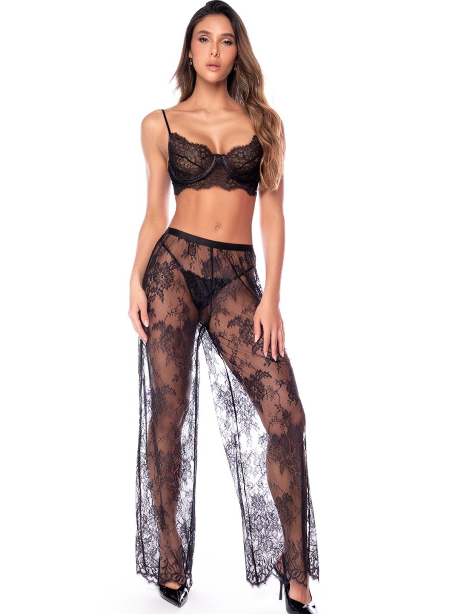Black three-piece floral lace lingerie set with bralette, thong, and sheer wide-leg pants.