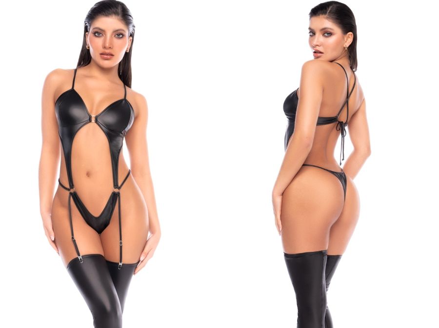 Mapale 2826 wet look black bodysuit with cutouts, ring hardware, attached garter straps, and matching thigh-highs.