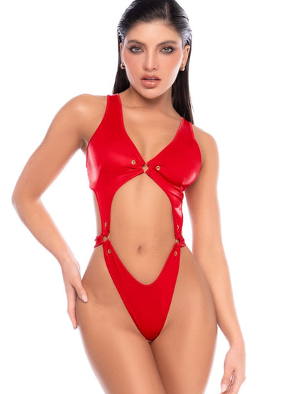 Mapale shiny red cutout bodysuit with V-neck, high-cut legs, and gold ring accents connecting the straps.