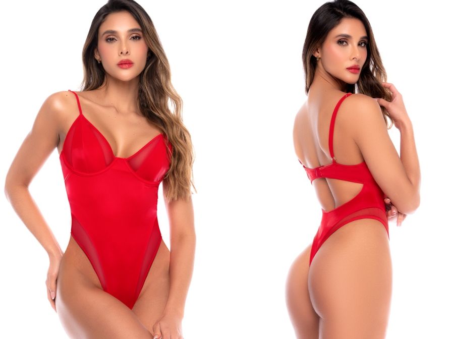 Mapale red high-cut bodysuit with underwire cups, thin straps, sheer side panels, and back cutout.