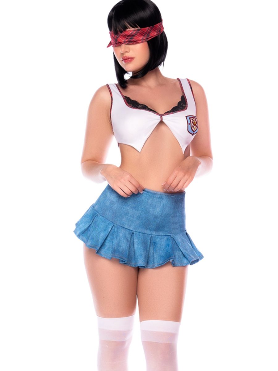 Model wears a white cropped student top with crest, blue pleated mini skirt, white thigh-highs, and plaid eye cover.