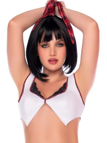 White crop top with black lace trim and red plaid piping, paired with a matching red plaid hair tie.