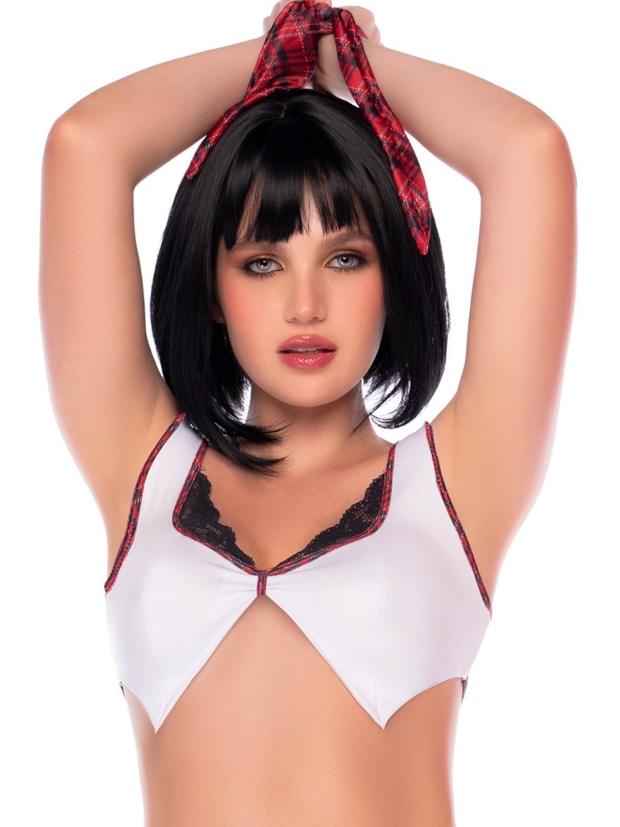 White crop top with red plaid trim, black lace neckline, and matching plaid hair tie.