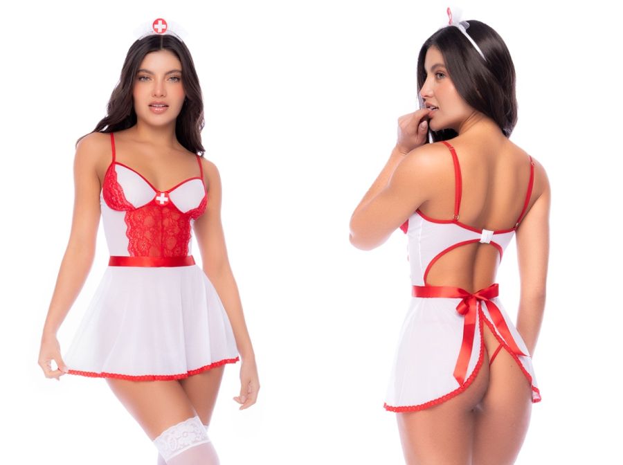Mapale nurse costume set in white and red with lace panels, matching headband, and open-back dress.