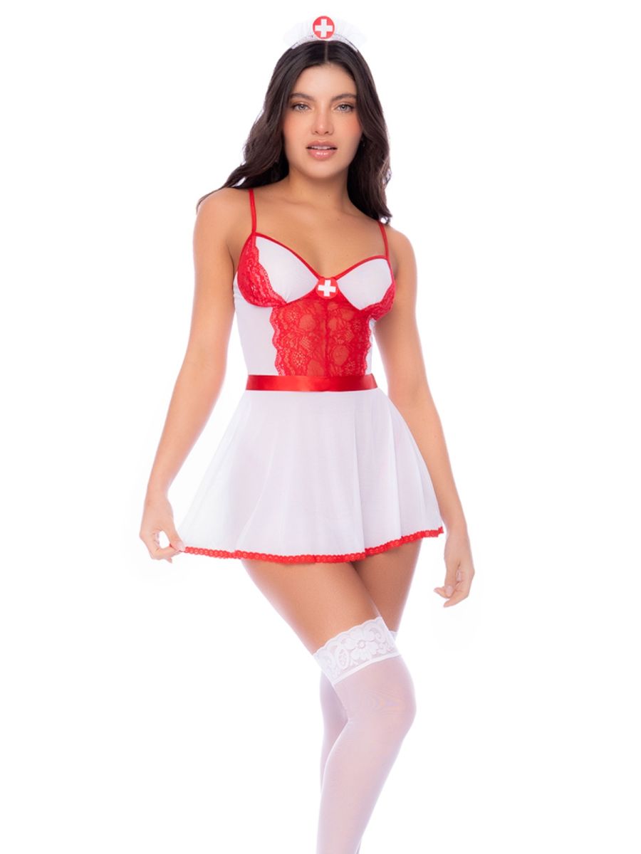 White and red nurse costume with lace bodice, flared skirt, matching headband, and thigh-high stockings.