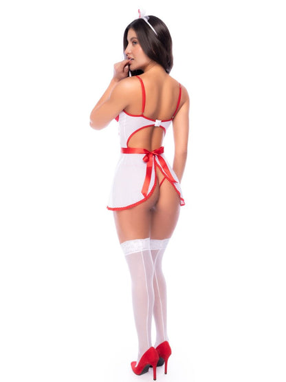 White nurse costume with red trim, back cutouts, a tied waist ribbon, matching stockings, headband, and heels.