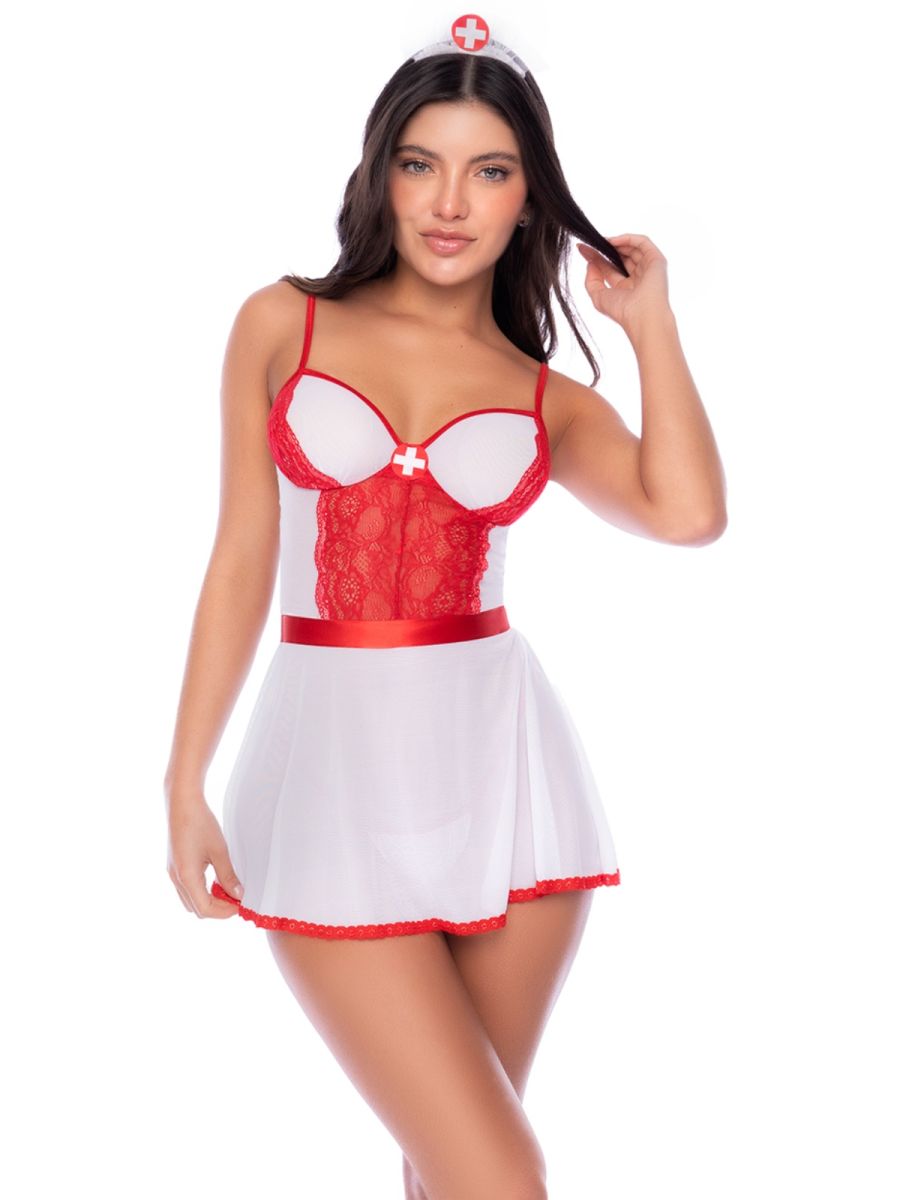 White and red nurse costume outfit with lace center panel, matching mini skirt, and mini nurse hat headband.