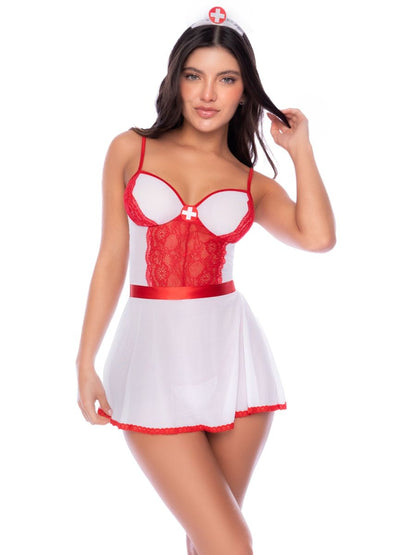 Model wearing a white and red nurse costume with lace panels, a waist ribbon, and matching nurse headpiece.
