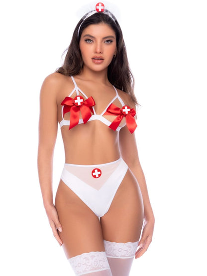 White and red nurse costume with strappy bra, red bows, high-waisted briefs, headband, and thigh-highs.