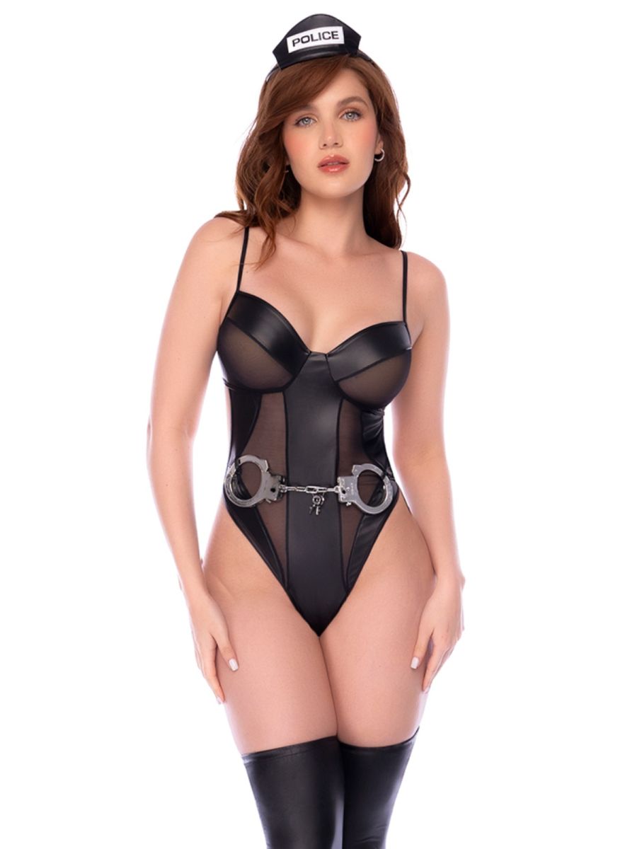 Black police costume bodysuit with sheer mesh panels, decorative handcuffs belt, matching thigh-highs, and police cap.