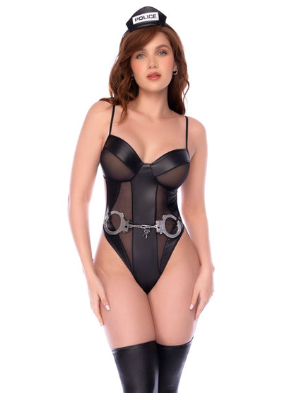 Black police costume bodysuit with sheer mesh panels, decorative handcuffs belt, matching hat, and thigh-highs.