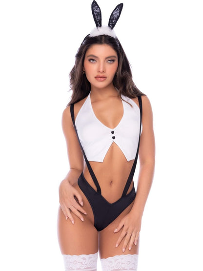 Model wearing a white halter vest, black briefs with attached suspender straps, white lace thigh highs, and bunny ears.